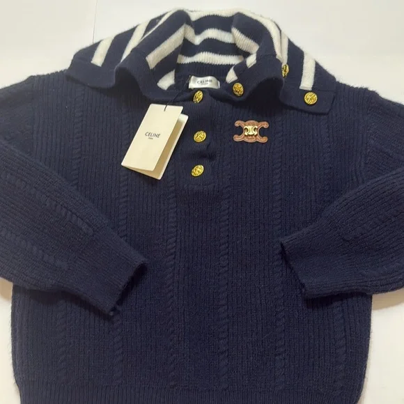 Celine Navy and White Buttoned Sailor Knit Top - Picture 2 of 4
